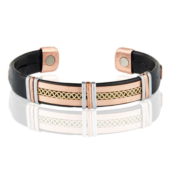 Pure Copper Leather Wrapped Magnetic Bracelet Arthritis Pain Therapy Cuff Bangle - Picture 1 of 1